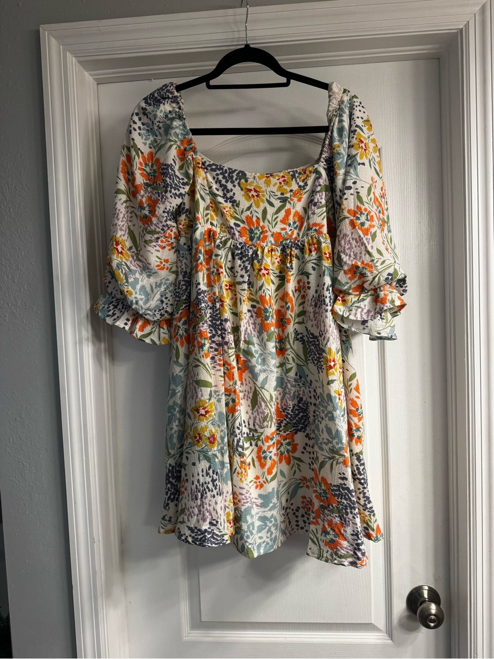 Floral Puff-Sleeve Mini Dress in White with Orange & Green